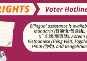 Advancing Justice | AAJC and APIA Vote run a hotline where voters can get answers to their questions about voting and receive assistance in nine Asian languages. Call 1-888-API-VOTE or 1-888-274-8683 for assistance.